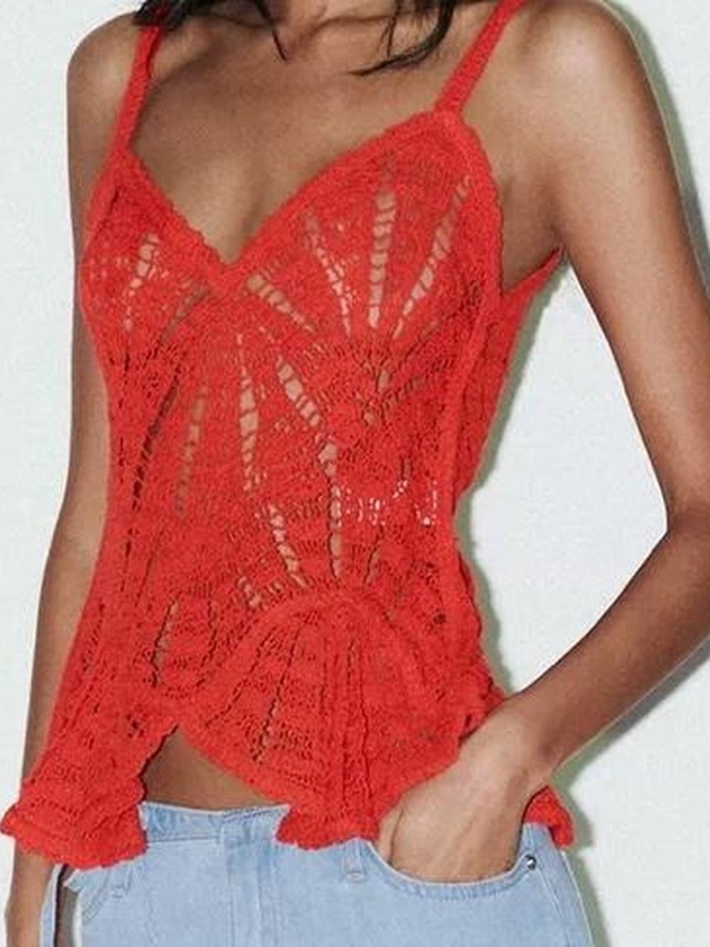 Zara Red Crochet Knit Peplum Cotton Blend Cami Top V Neck Sheer Boho Y2K M
